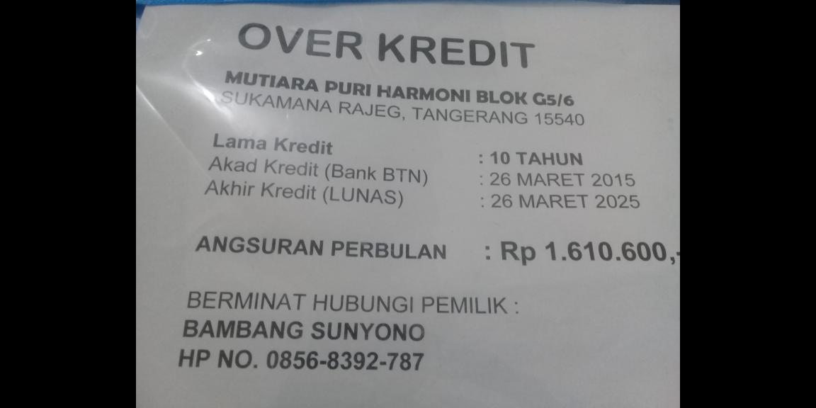 Dijual OVER KREDIT Mutiara Puri Harmoni Dijual OVER KREDIT Mutiara Puri Harmoni