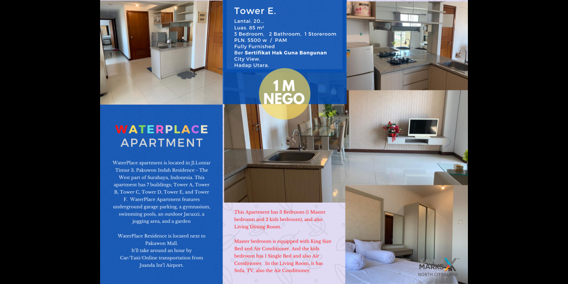 Apartemen WaterPlace Pakuwon indah Surabaya - 3 BR Luas 85m Apartemen WaterPlace Pakuwon indah Surabaya - 3 BR Luas 85m