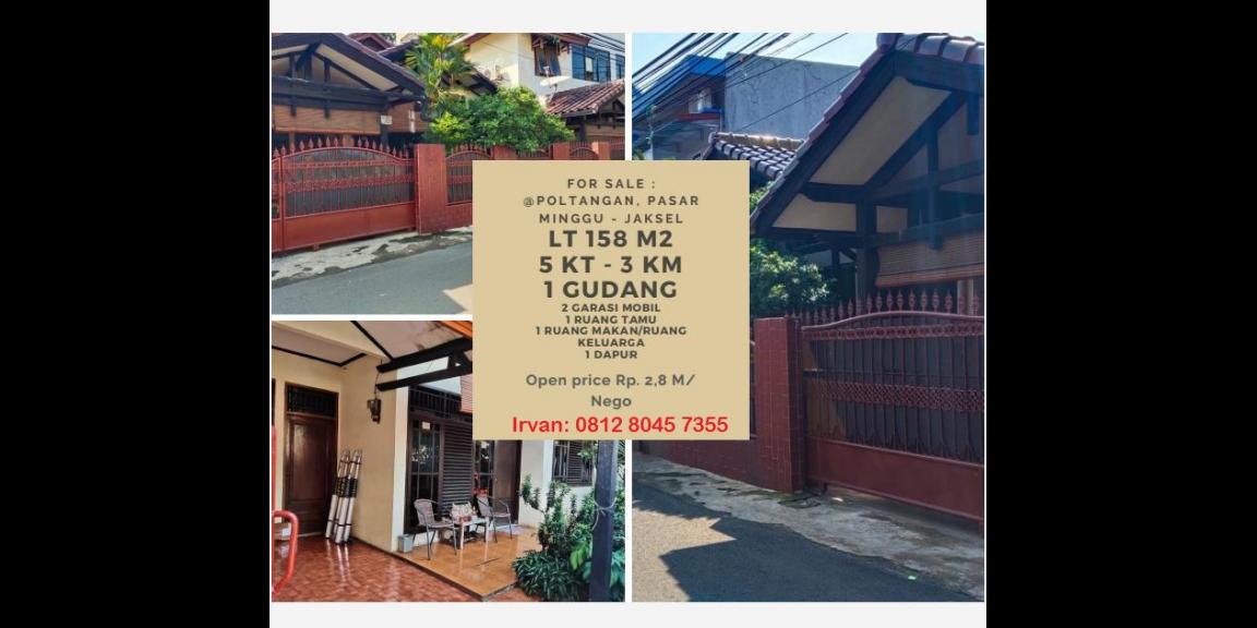 JUAL CEPAT LT.158 M2 5KT, 3KM, POLTANGAN - PASARMINGGU - JAKSEL JUAL CEPAT LT.158 M2 5KT, 3KM, POLTANGAN - PASARMINGGU - JAKSEL