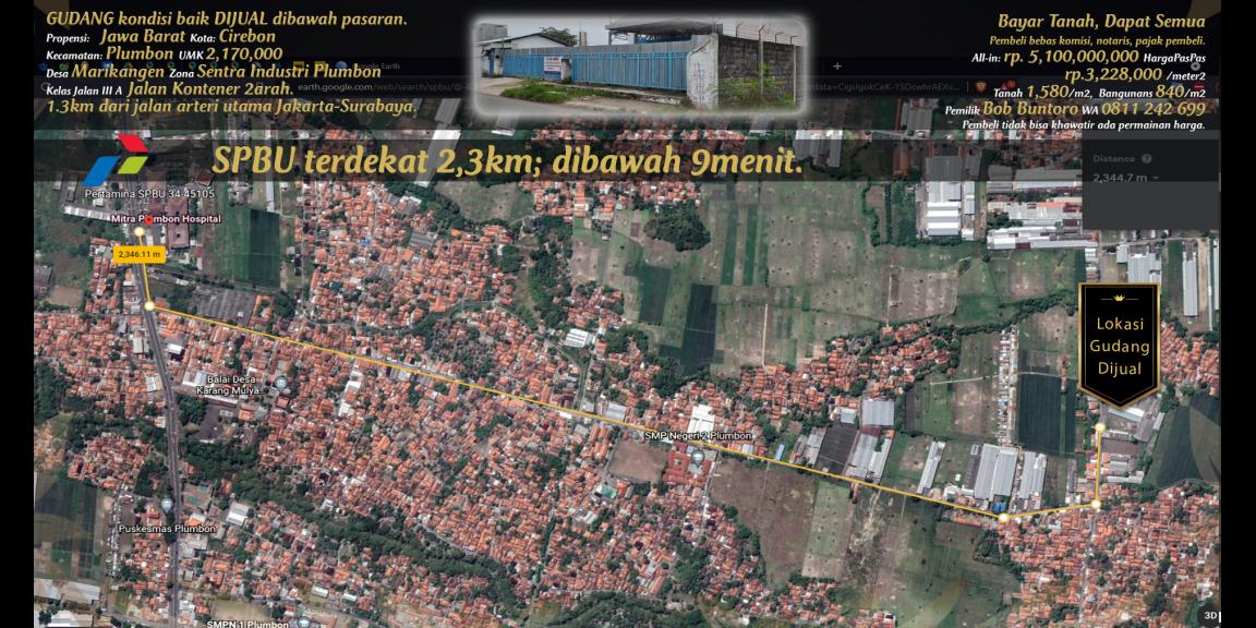 Gudang dijual rp.3,223,000/m2 di pinggir jalan kontener di zona industri Plumbon, Cirebon. Gudang dijual rp.3,223,000/m2 di pinggir jalan kontener di zona industri Plumbon, Cirebon.