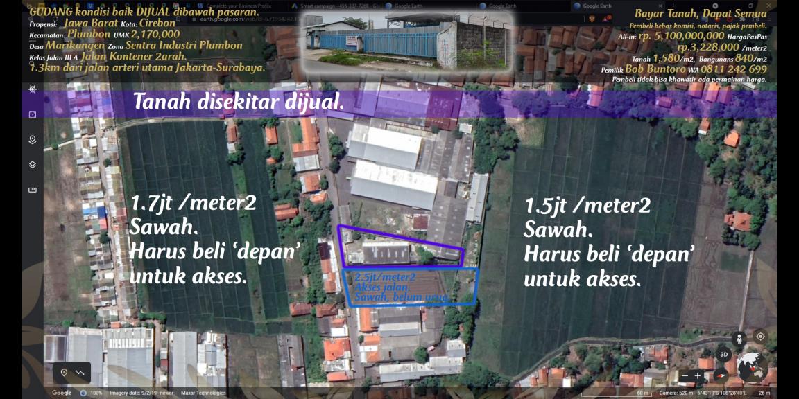 Gudang dijual rp.3,223,000/m2 di pinggir jalan kontener di zona industri Plumbon, Cirebon. Gudang dijual rp.3,223,000/m2 di pinggir jalan kontener di zona industri Plumbon, Cirebon.