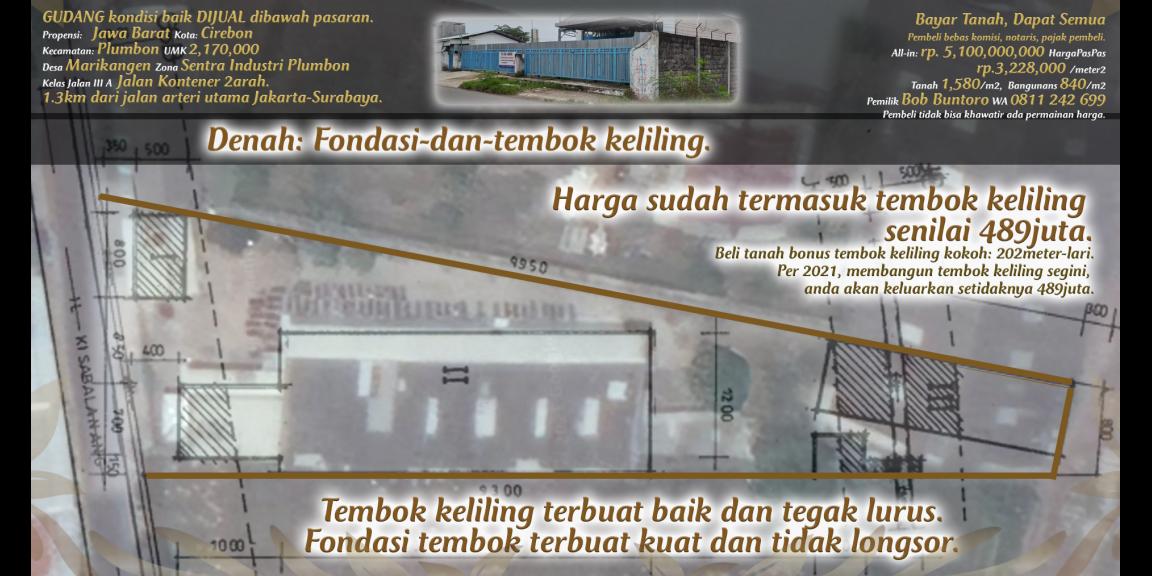 Gudang dijual rp.3,223,000/m2 di pinggir jalan kontener di zona industri Plumbon, Cirebon. Gudang dijual rp.3,223,000/m2 di pinggir jalan kontener di zona industri Plumbon, Cirebon.