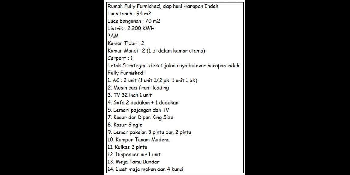 Rumah Full Furnished 2kt 2km Siap Huni Harapan Indah Bekasi Rumah Full Furnished 2kt 2km Siap Huni Harapan Indah Bekasi